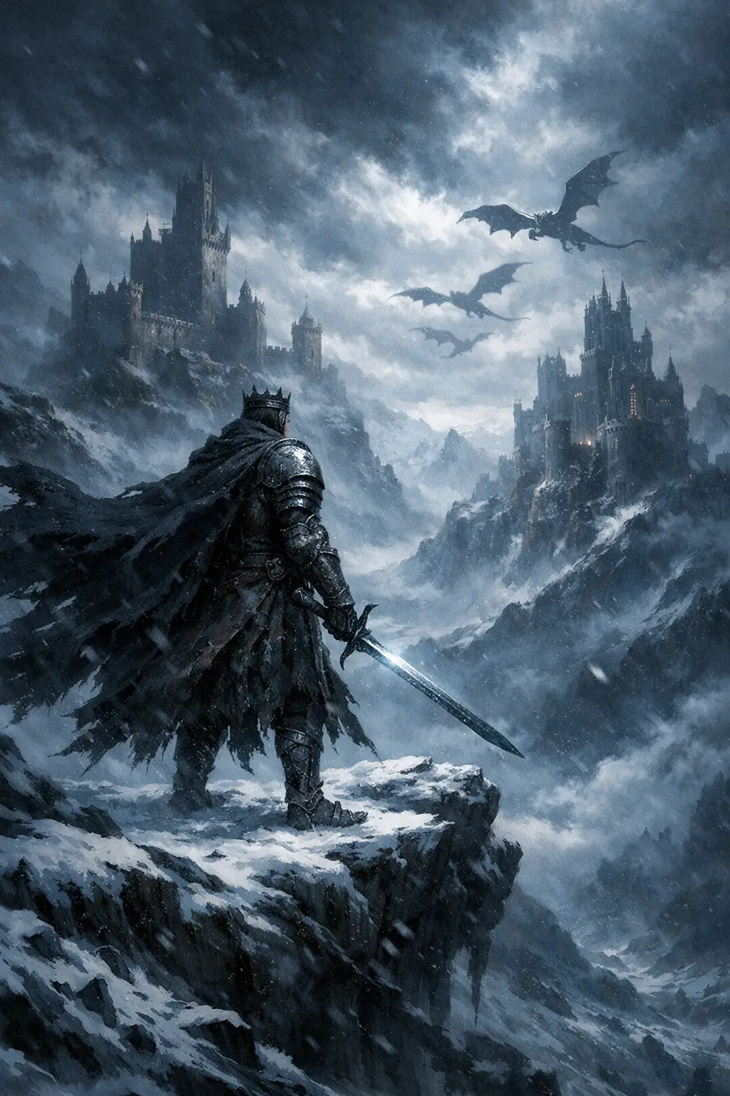 Warrior king on snowy cliff in dark fantasy storm