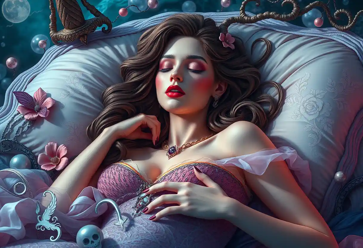 Sleeping siren in a whimsical pop surreal fantasy scene