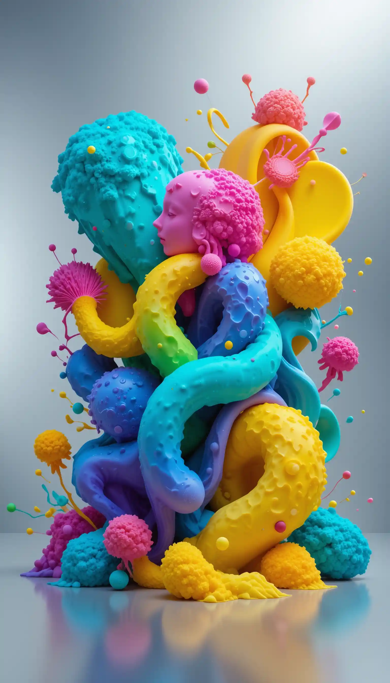 Colorful 3D Organic Forms On Silvery Minimal Background