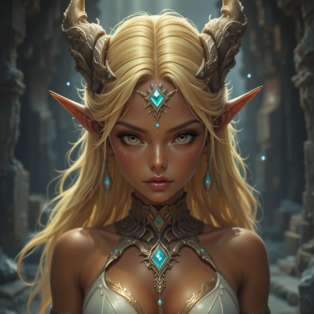 Bronzed young goddess with purple eyes in a fantasy realm