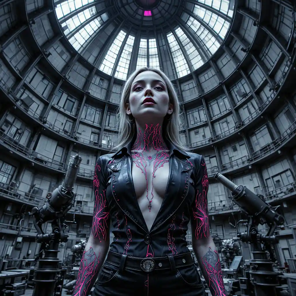 Donna sotto la cupola di un osservatorio in luce magenta glitch
