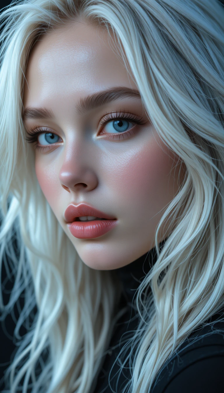 Close up fashion portrait of platinum haired woman