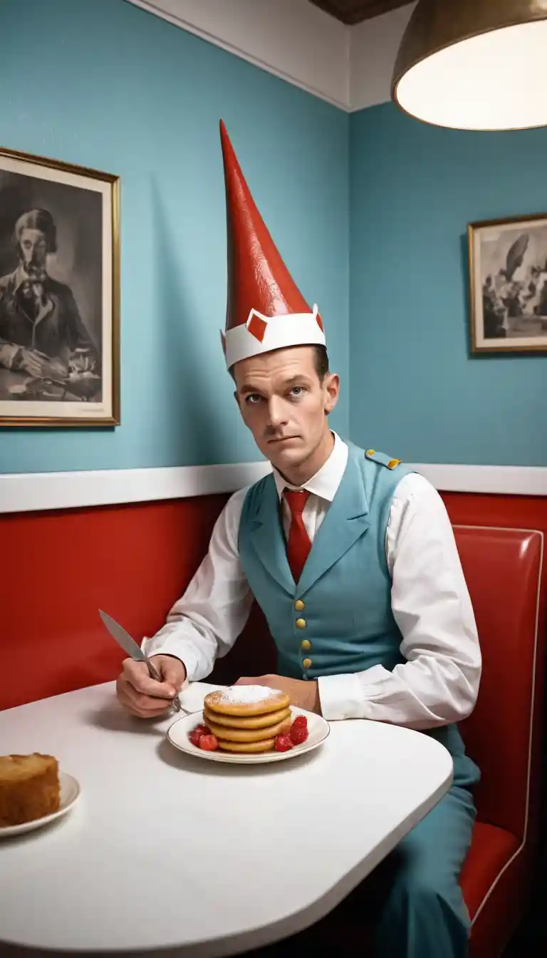 Man hidden behind towering pancakes in retro diner