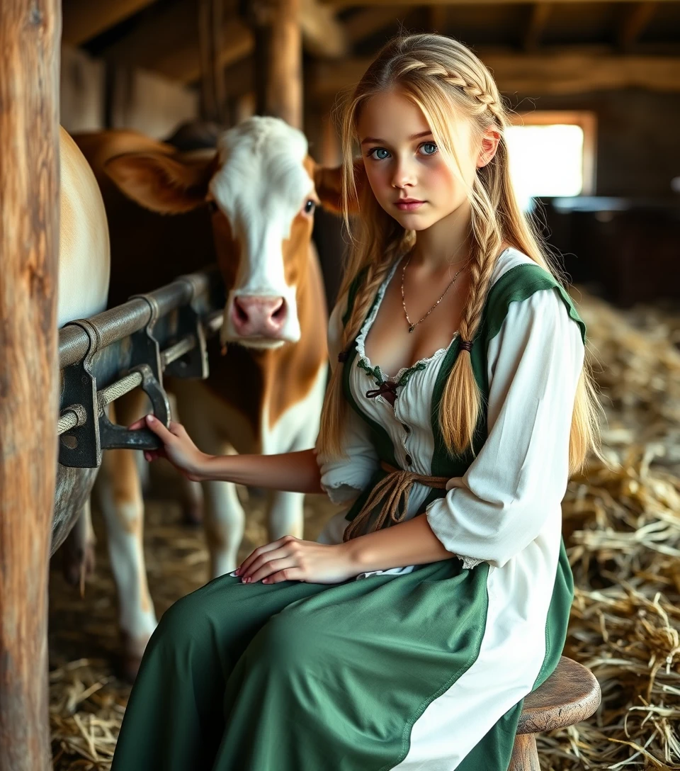 Young medieval farm girl milking a cow in a barn