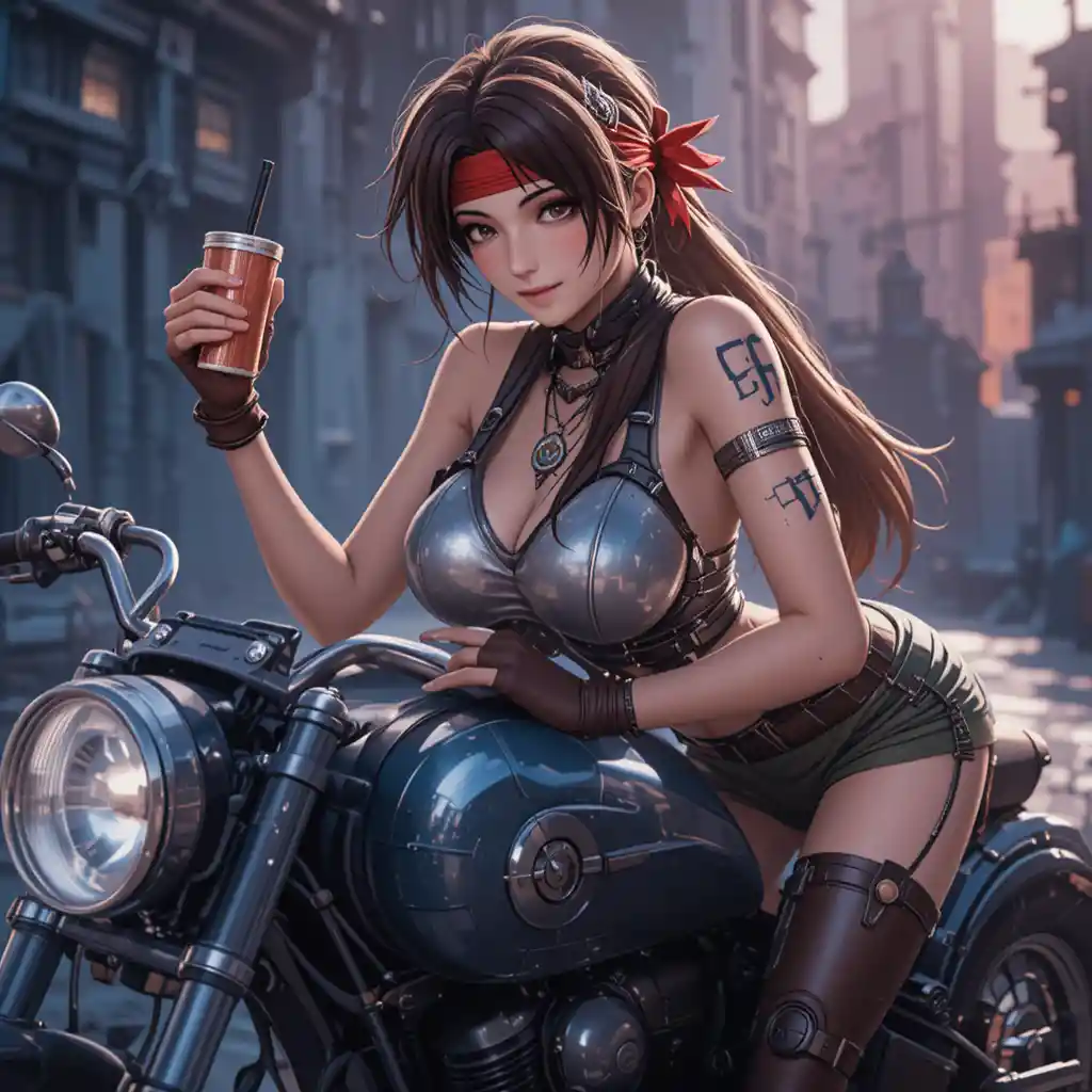 Mulher de anime inclinada sobre uma moto chopper futurista