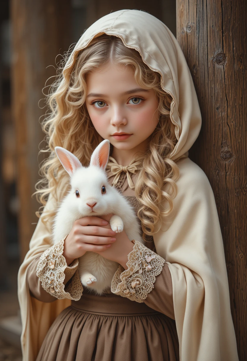 白いウサギを抱く中世の少女（やわらかな水彩画風）