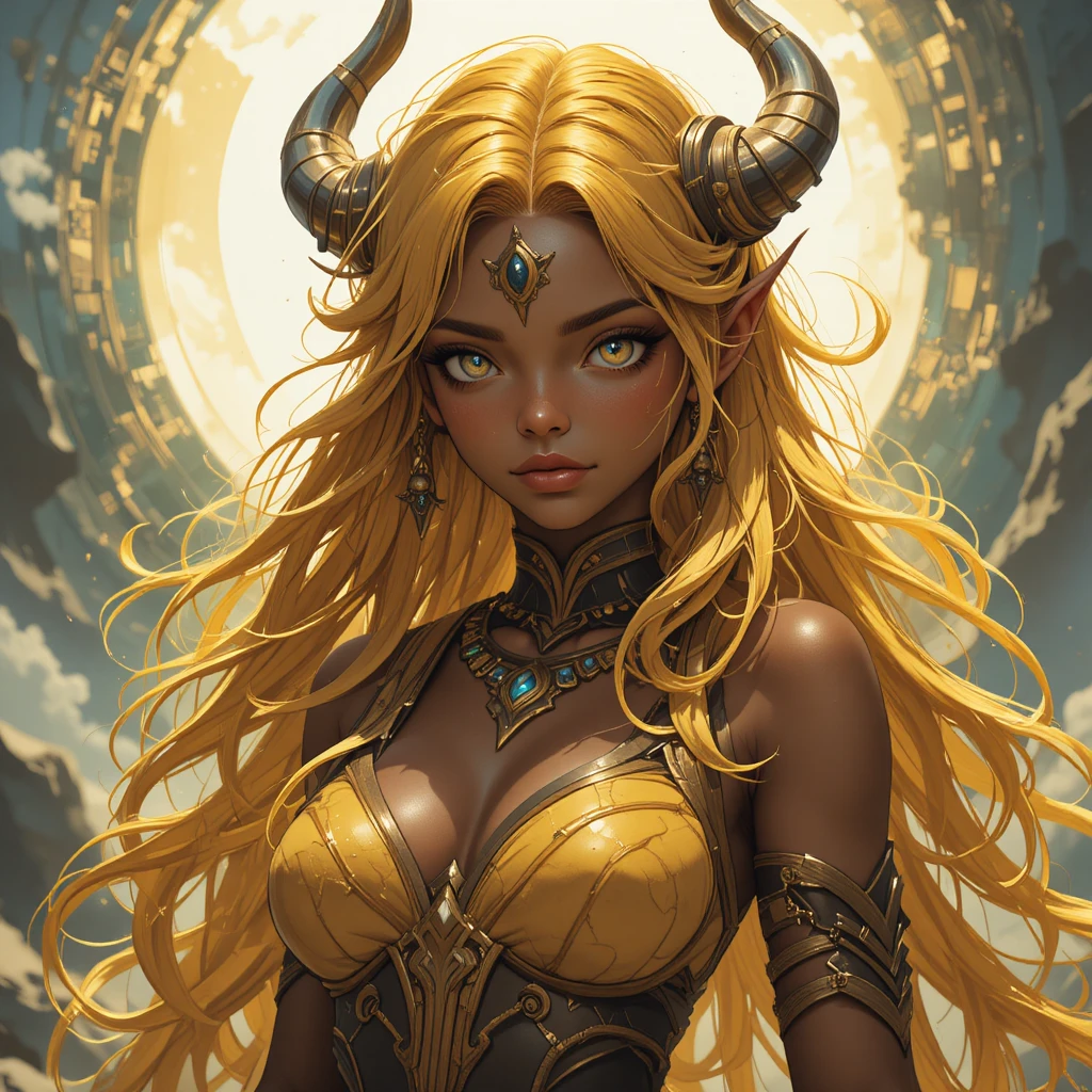 Golden skinned goddess girl with amber eyes in fantasy