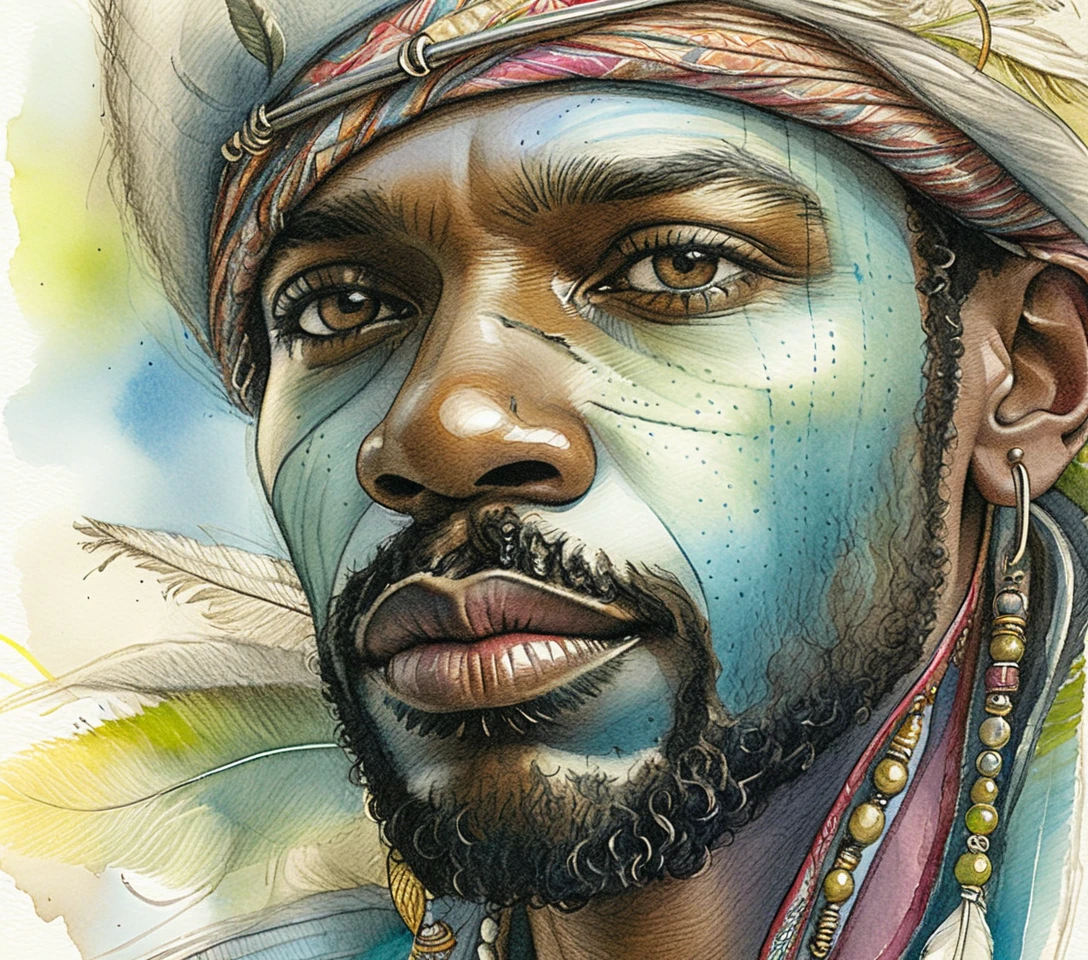 Serene close up portrait of a Black man in feathered headband