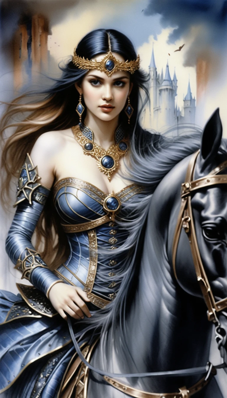 Dark fantasy warrior queen on horseback before ruined castle