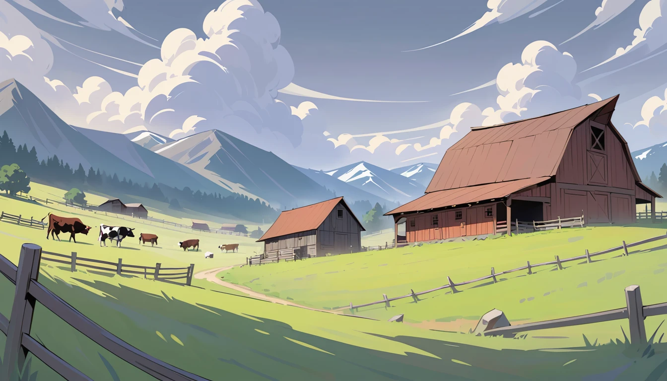 Rustic cattle ranch with barn under soft gray skies