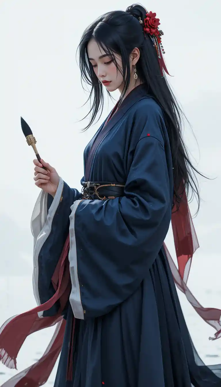 Shy Asian anime scholar woman with brush and charm