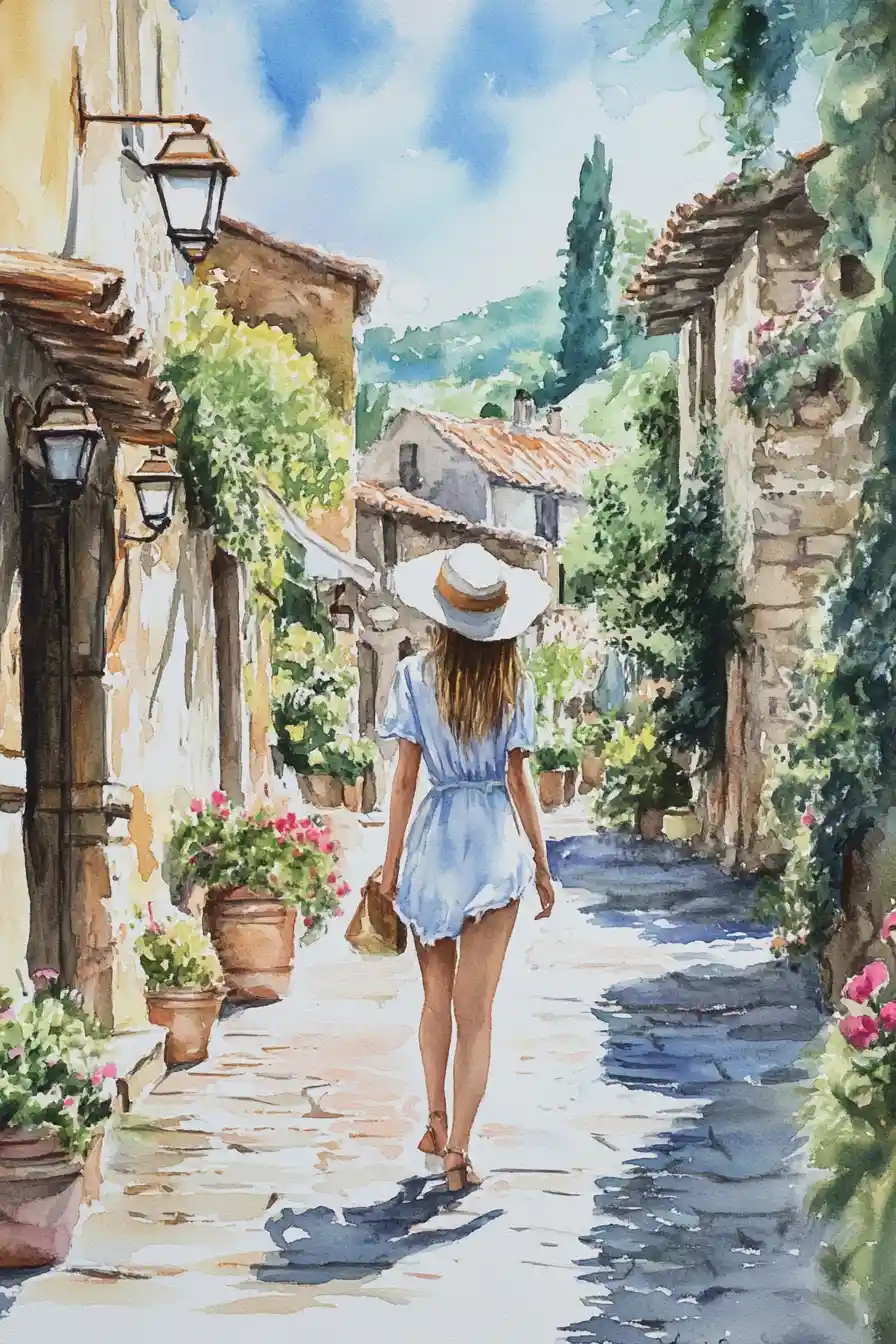 Romantic watercolor of a young woman in a sunlit alley