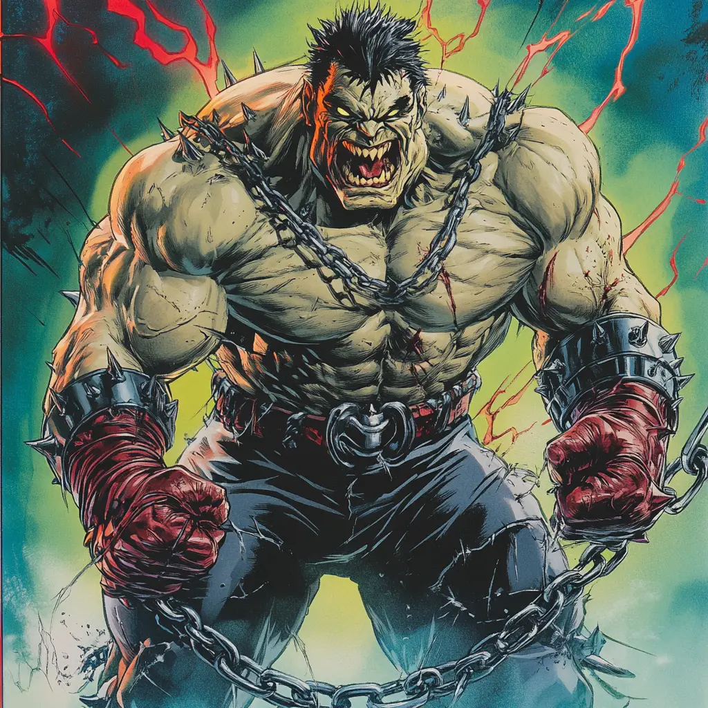 Raging chained comic villain on 1990s style trading card