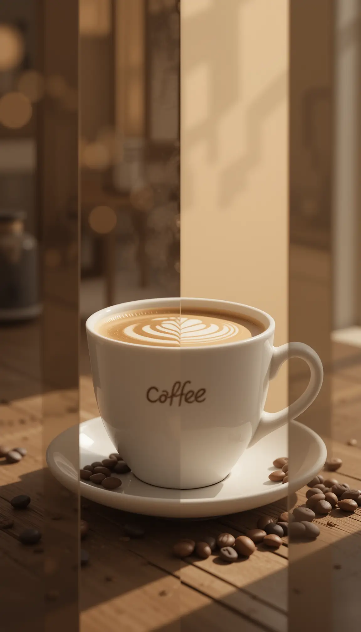 Stylized cozy coffee in segmented vertical panel artwork