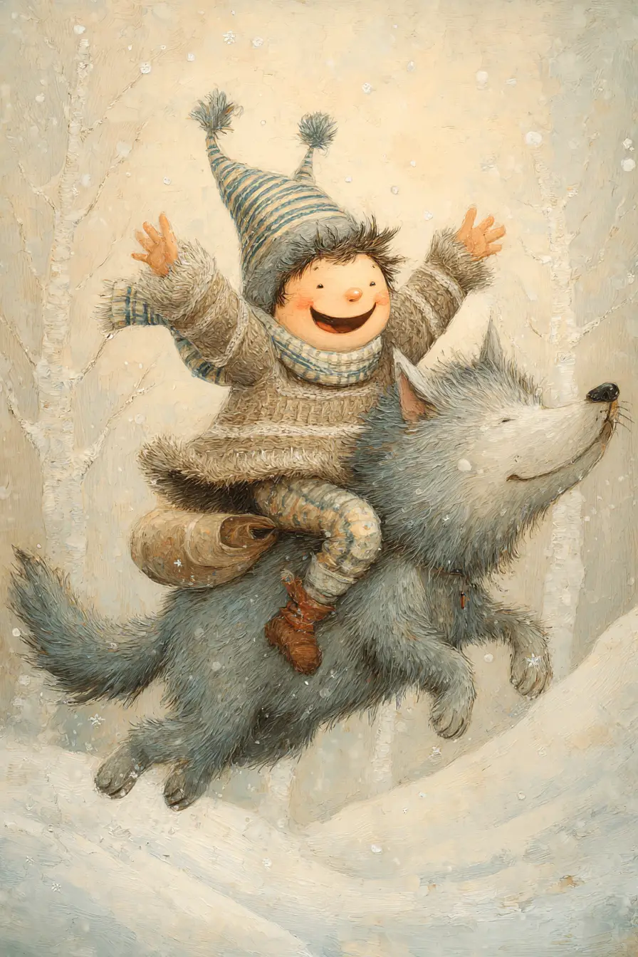 Joyful winter gnome riding a shaggy wolf