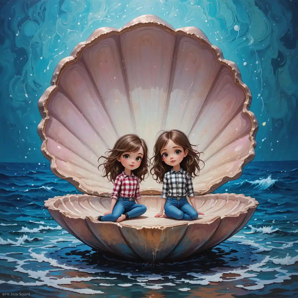 Two tiny girls by a giant shell on the ocean shore