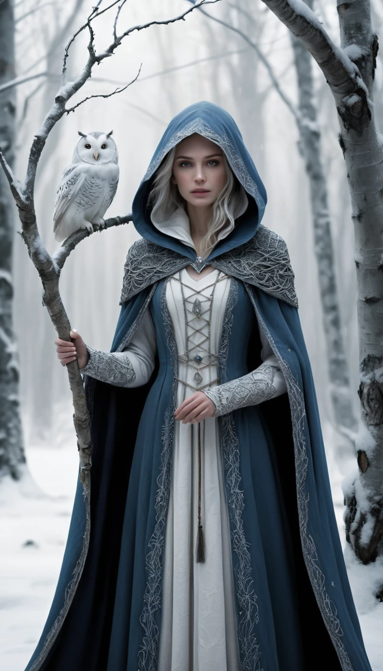 Ancient sorceress in a blizzard swept snowy birch forest