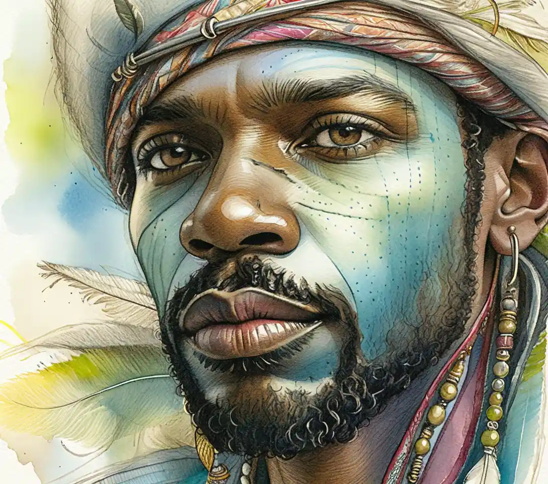 Serene close up portrait of a Black man in feathered headband