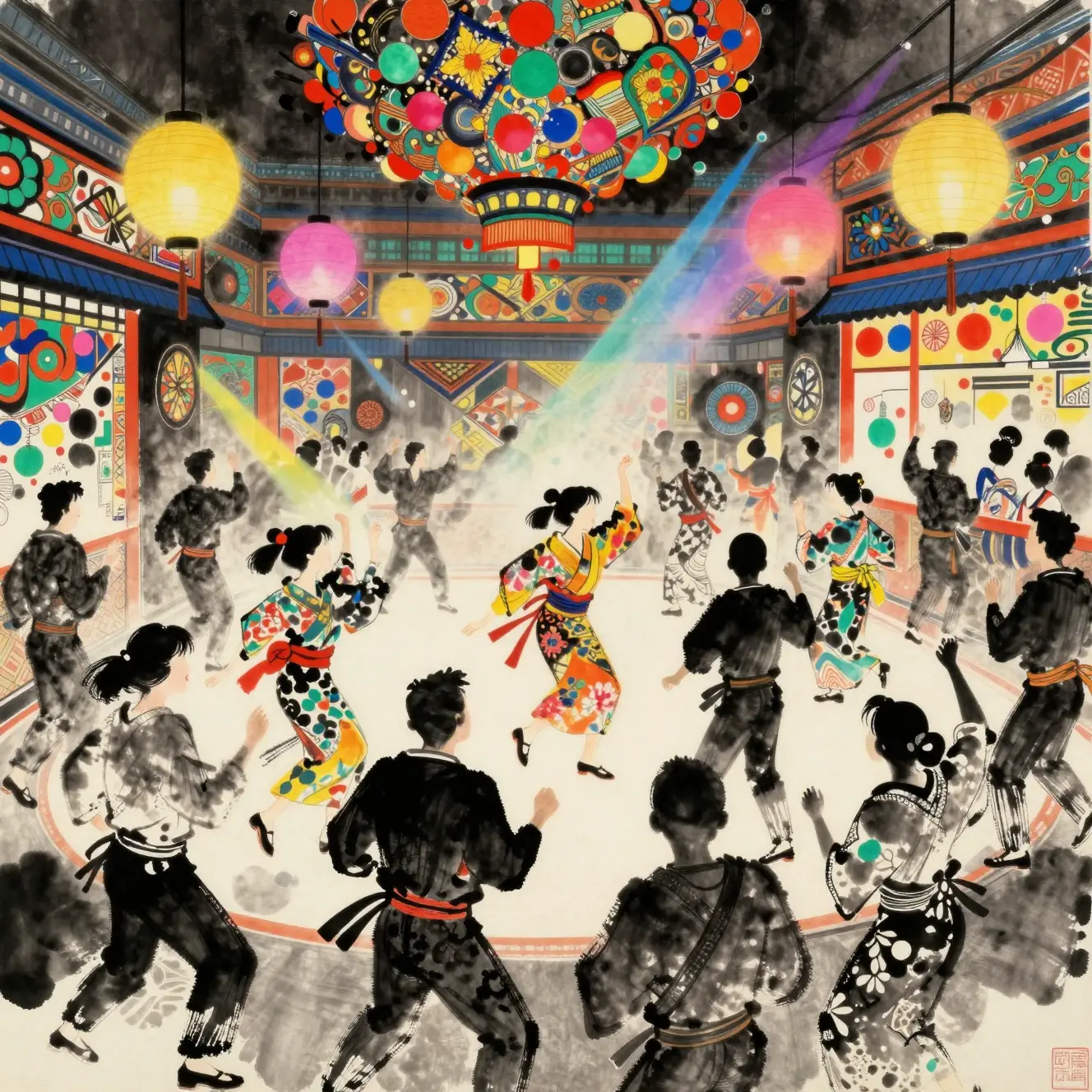 Joyful crowd dancing on a vibrant ink style dance floor
