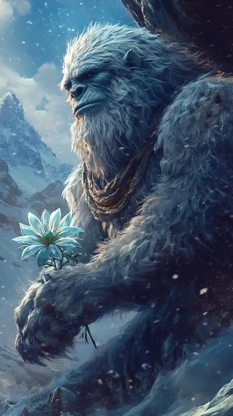 Primo piano di uno yeti che emerge da una grotta in una notte nevosa