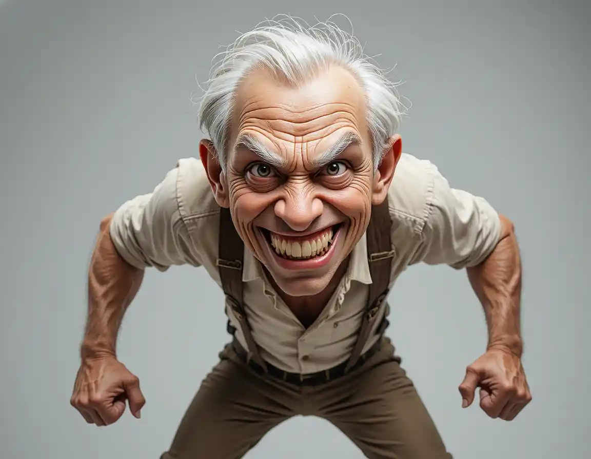 Sinister cartoon old man with wild white hair