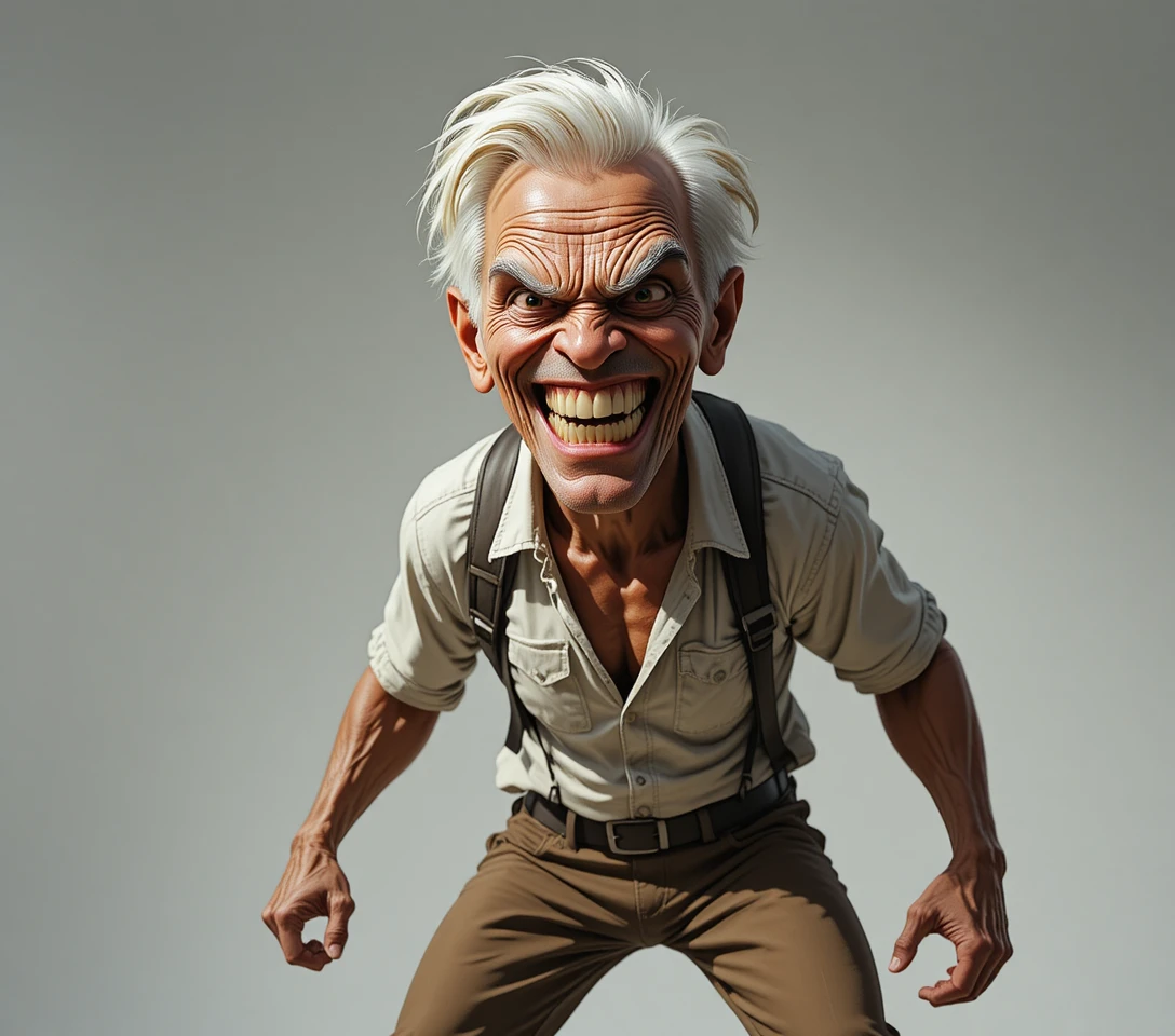Sinister cartoon old man leaning forward in close up