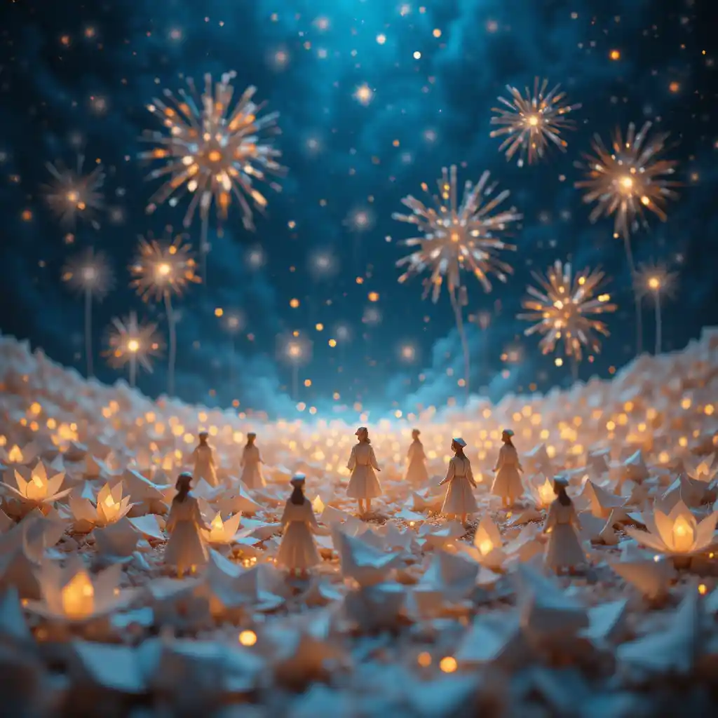 Origami figures in a serene landscape under soft fireworks