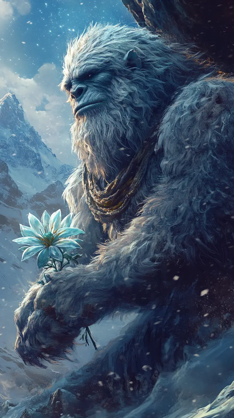Close up yeti emerging from cave in snowy night