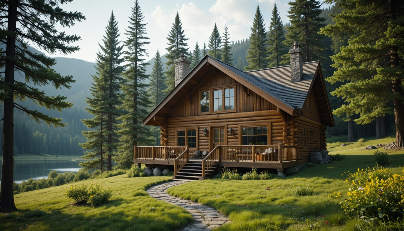Capanna di legno cinematografica in un paesaggio forestale sereno