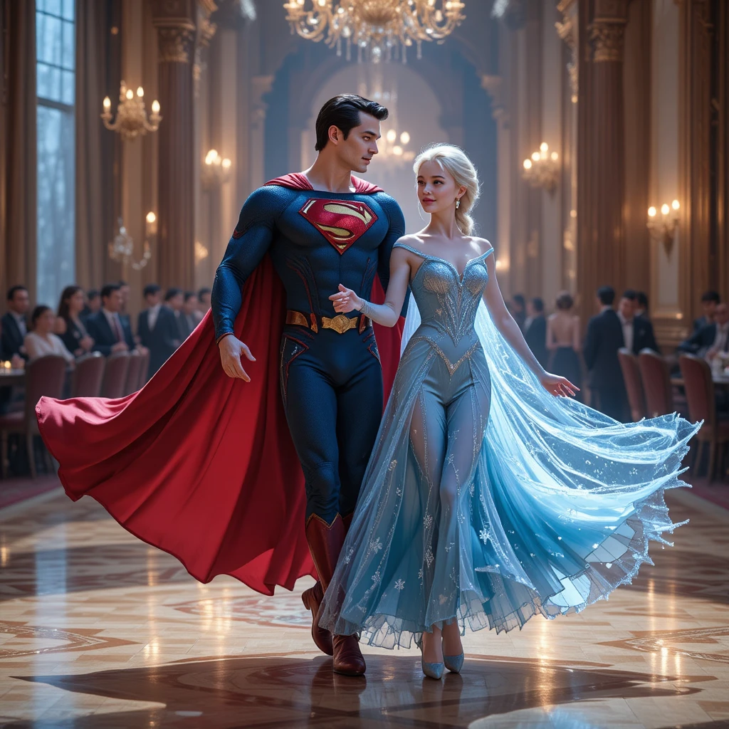 Supereroe e principessa di ghiaccio che danzano in una grande sala da ballo