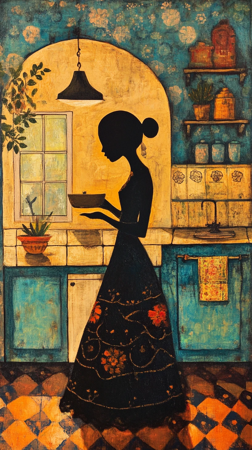 Traditional kitchen within the silhouette of a mexican woman