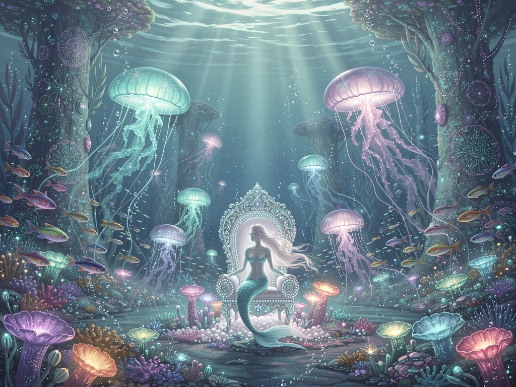 Serene Mermaid In A Glowing Underwater Coral Garden