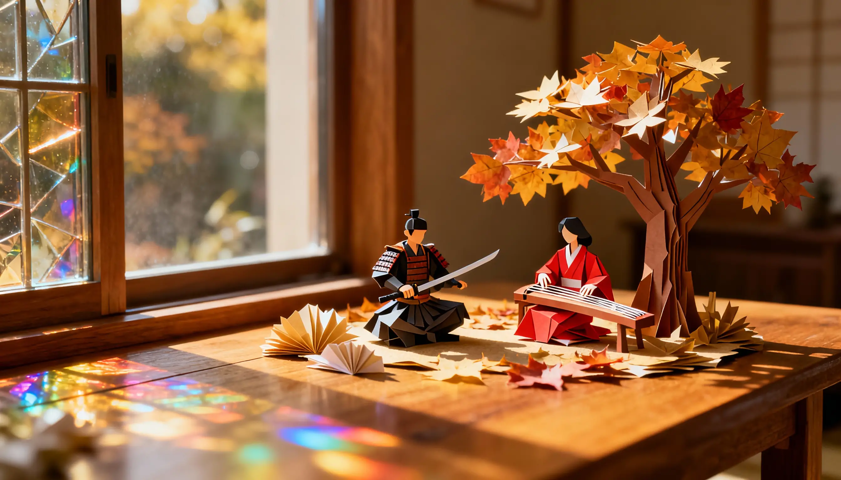 陽光灑落桌上的寧靜折紙武士與樂師