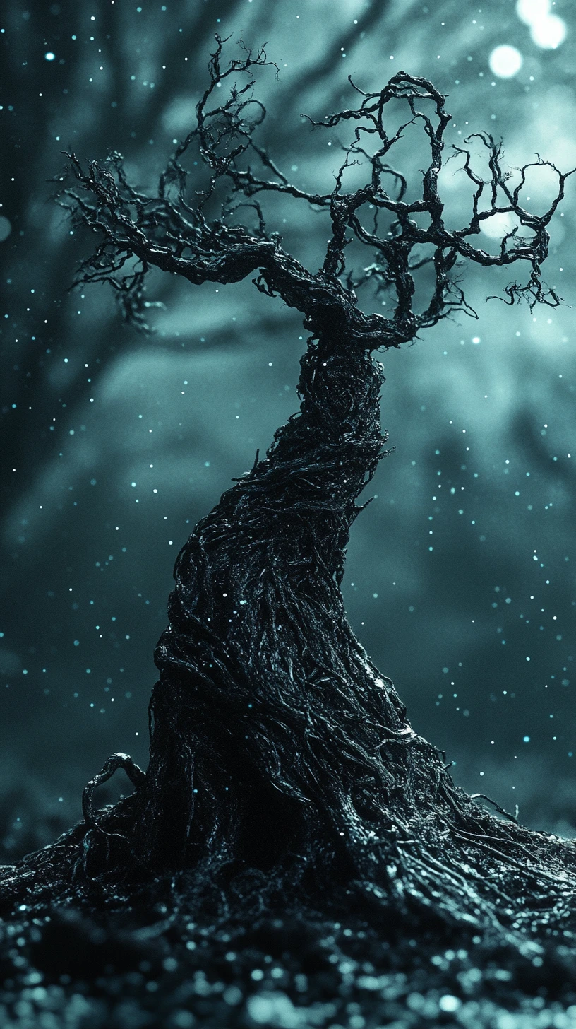 Donna albero che emerge da un tronco spezzato in una foresta al chiaro di luna