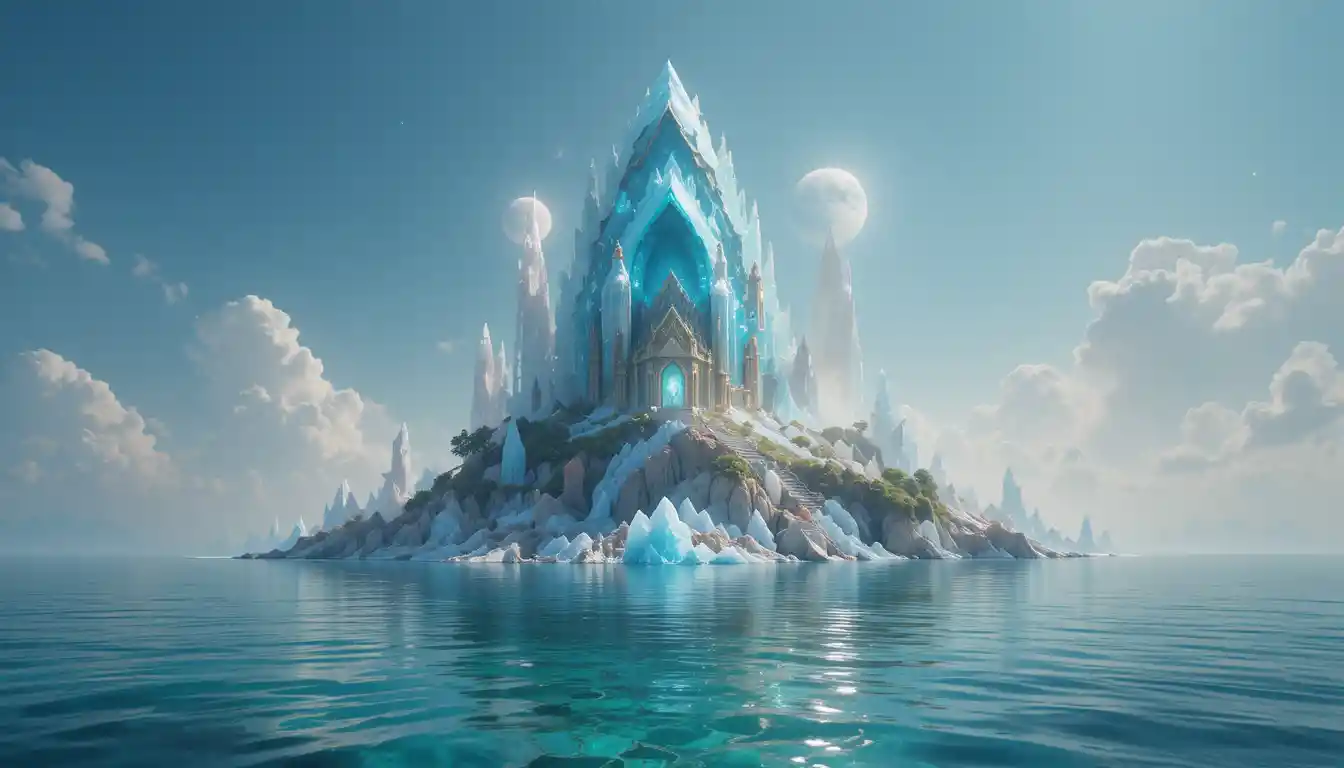 Templo en isla de cristal que brilla bajo lunas gemelas en el mar