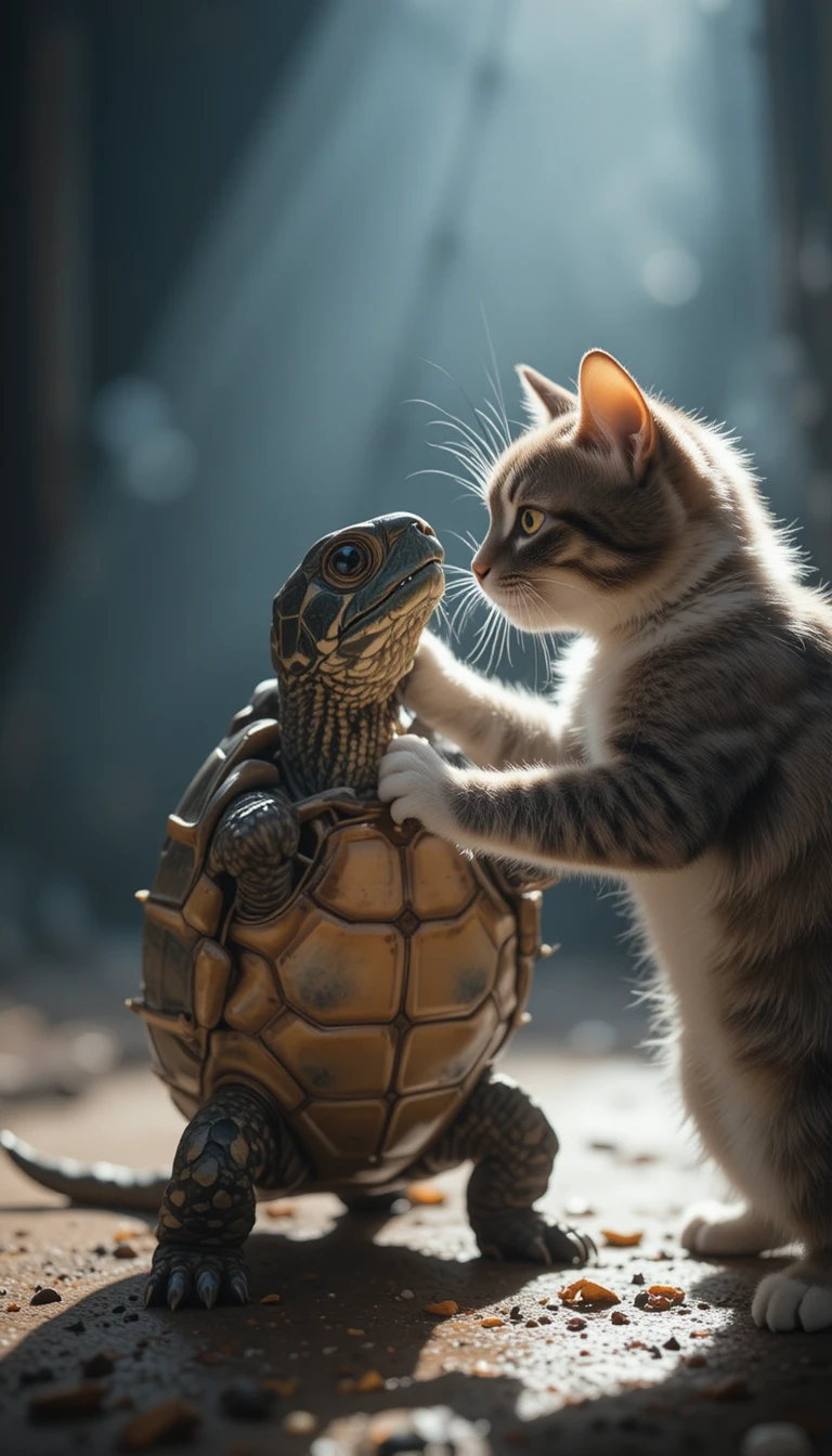 Cartoon turtle and cat trading playful slaps in combat