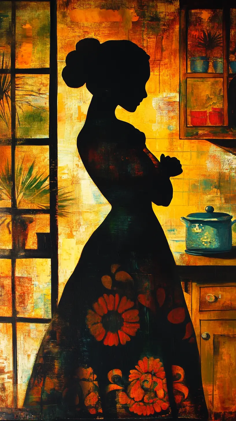 Traditionelle mexikanische Küche in der Silhouette einer Frau als Gemälde