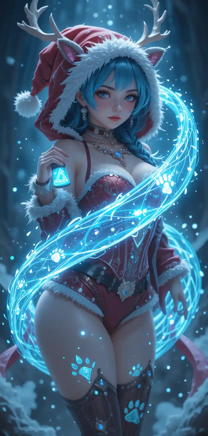 Donna fantasy giocosa coperta di rune in magico costume da renna