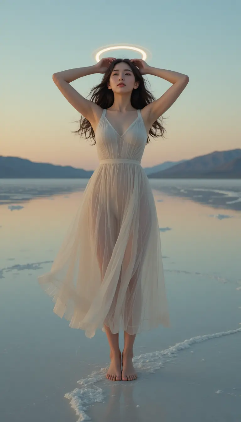 Joyful young woman on reflective salt flat at sunset