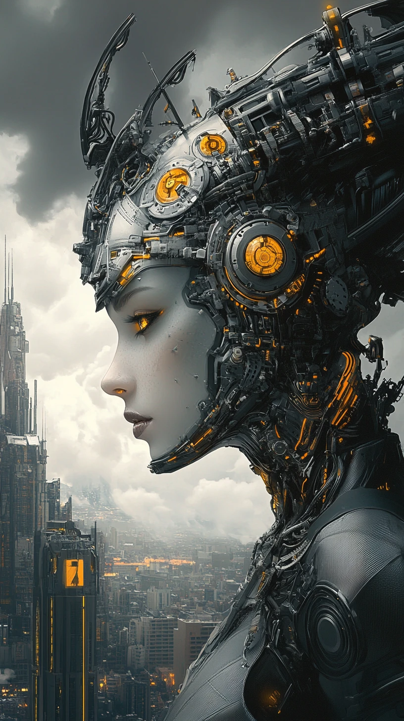 Reine guerrière cybernétique dominant une ville dystopique orageuse