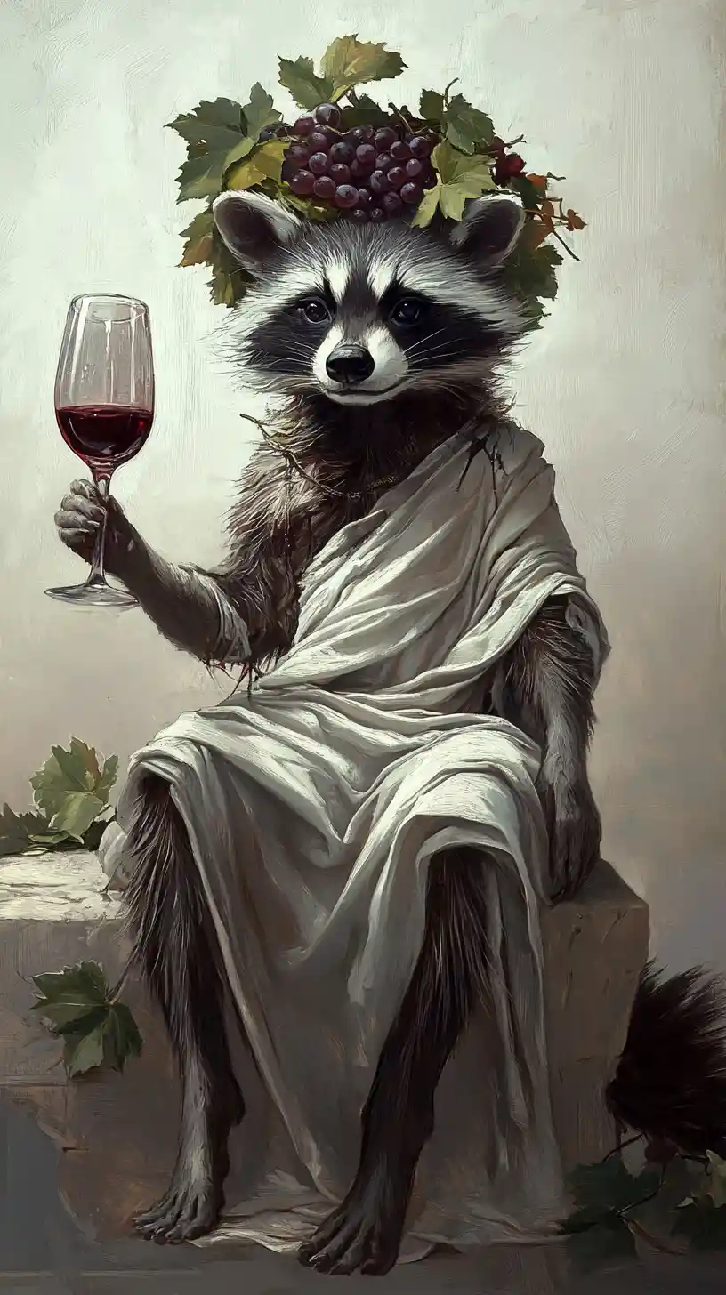 Mapache Dionisio Antropomórfico con Vino Tinto Fluyendo