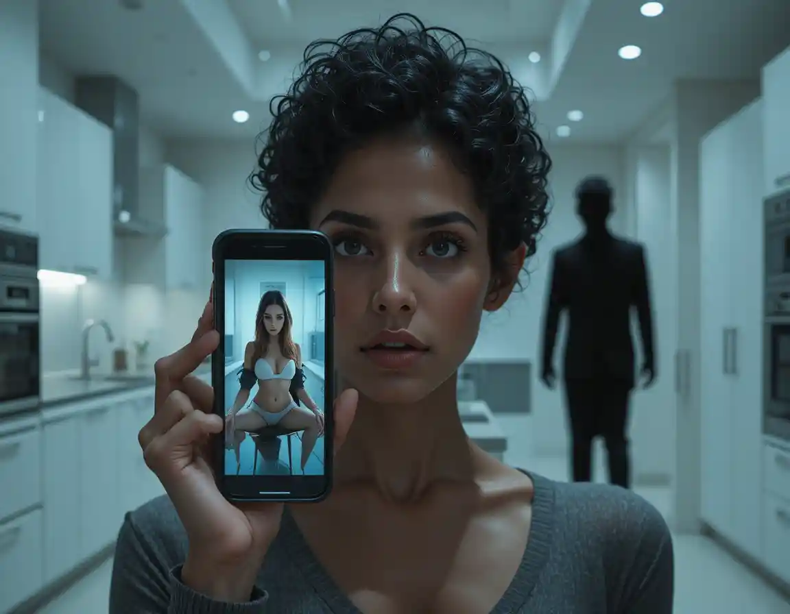 Donna illuminata dal telefono che guarda un terrificante video in cucina