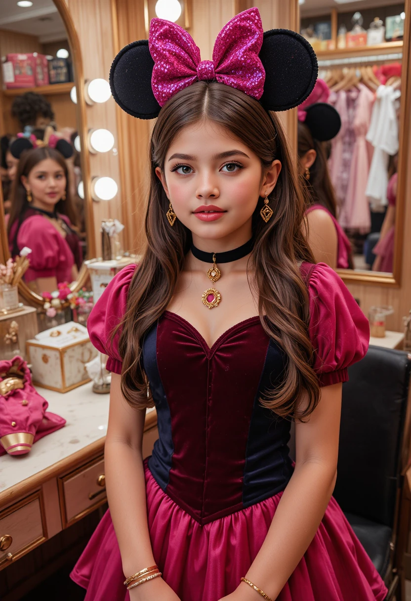 Tween boy styled as girl in pink minnie dress