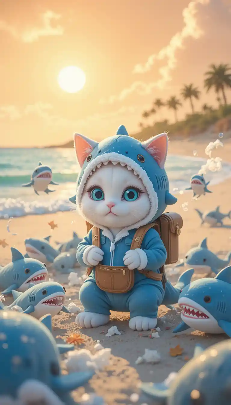 Anime cat in shark onesie surrounded by toys on beach