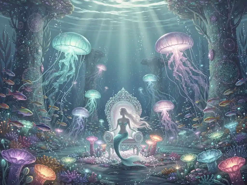 Serene Mermaid In A Glowing Underwater Coral Garden