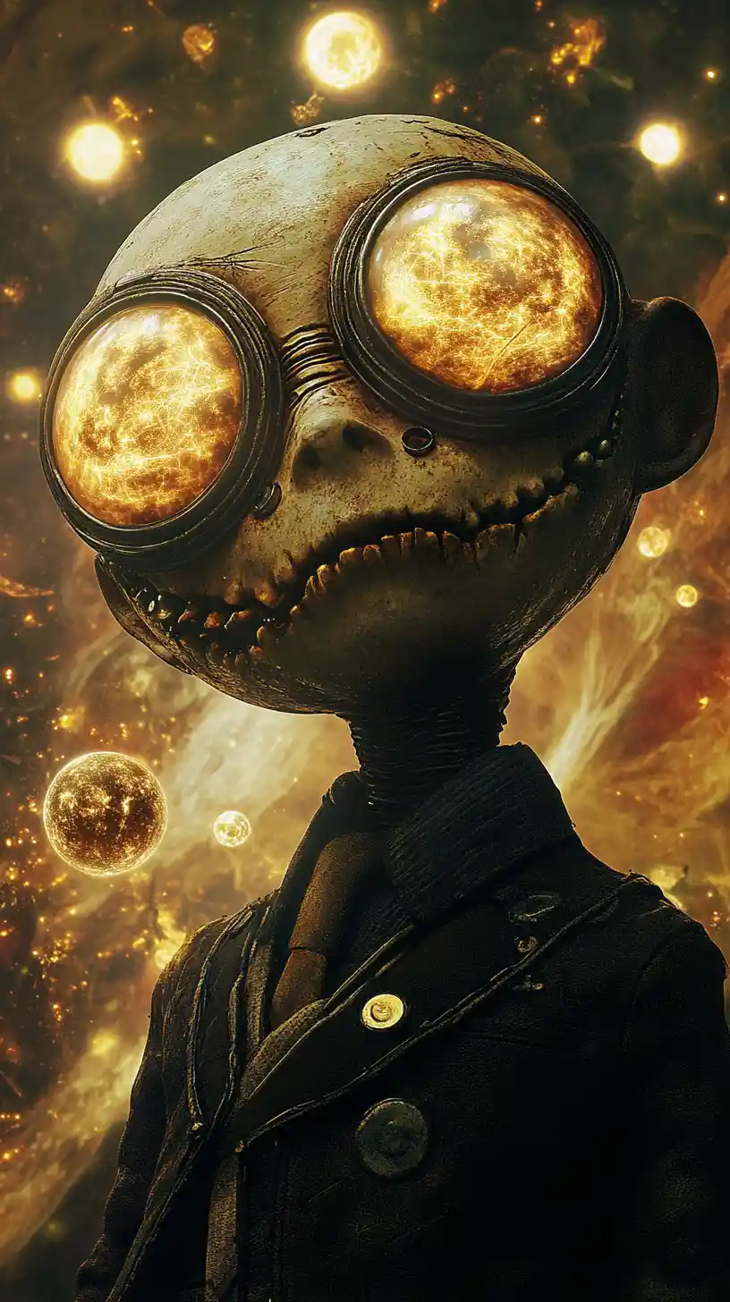 Grotesque steampunk humanoid in fluorescent cosmic chaos