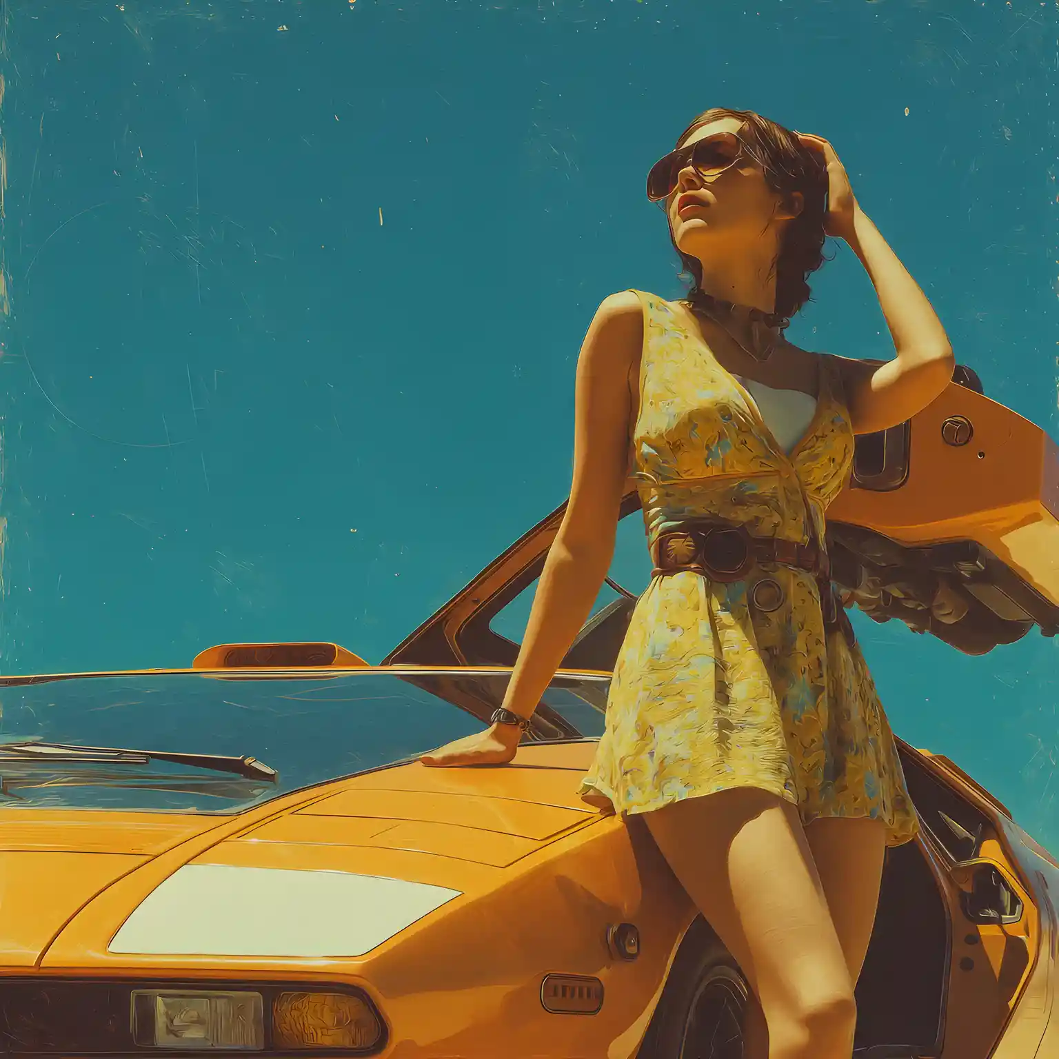 Retro spring calendar girl by a futuristic car