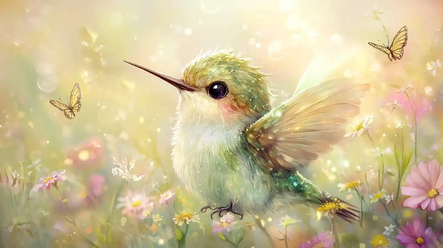 Chubby baby hummingbird in a sunny watercolor meadow