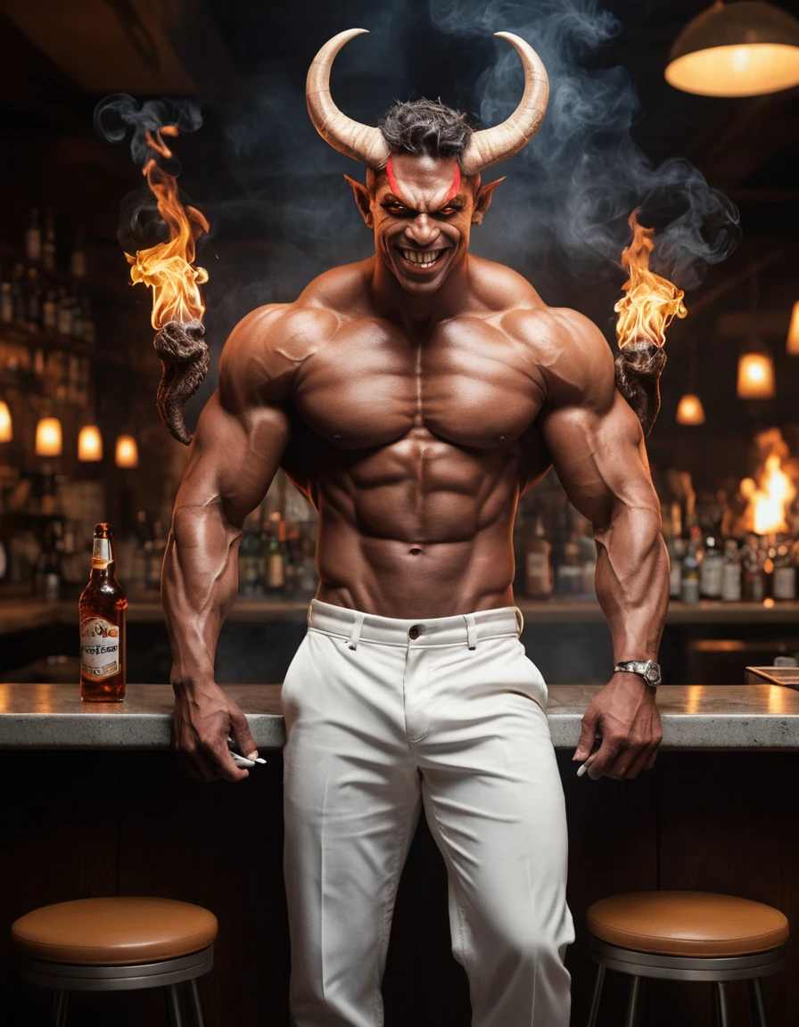 Muscular horned demon smoking in a fiery bar interior