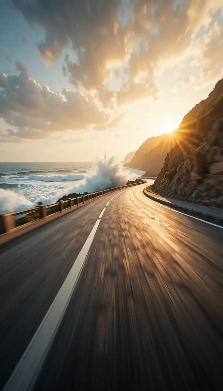 Low angle car speeding along a windy coastal road